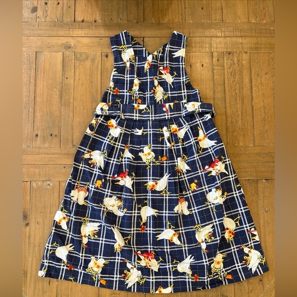 Catimini Vintage Duck Print Dress Kids 8 Plaid Jumper Farmhouse Pleated Cottage